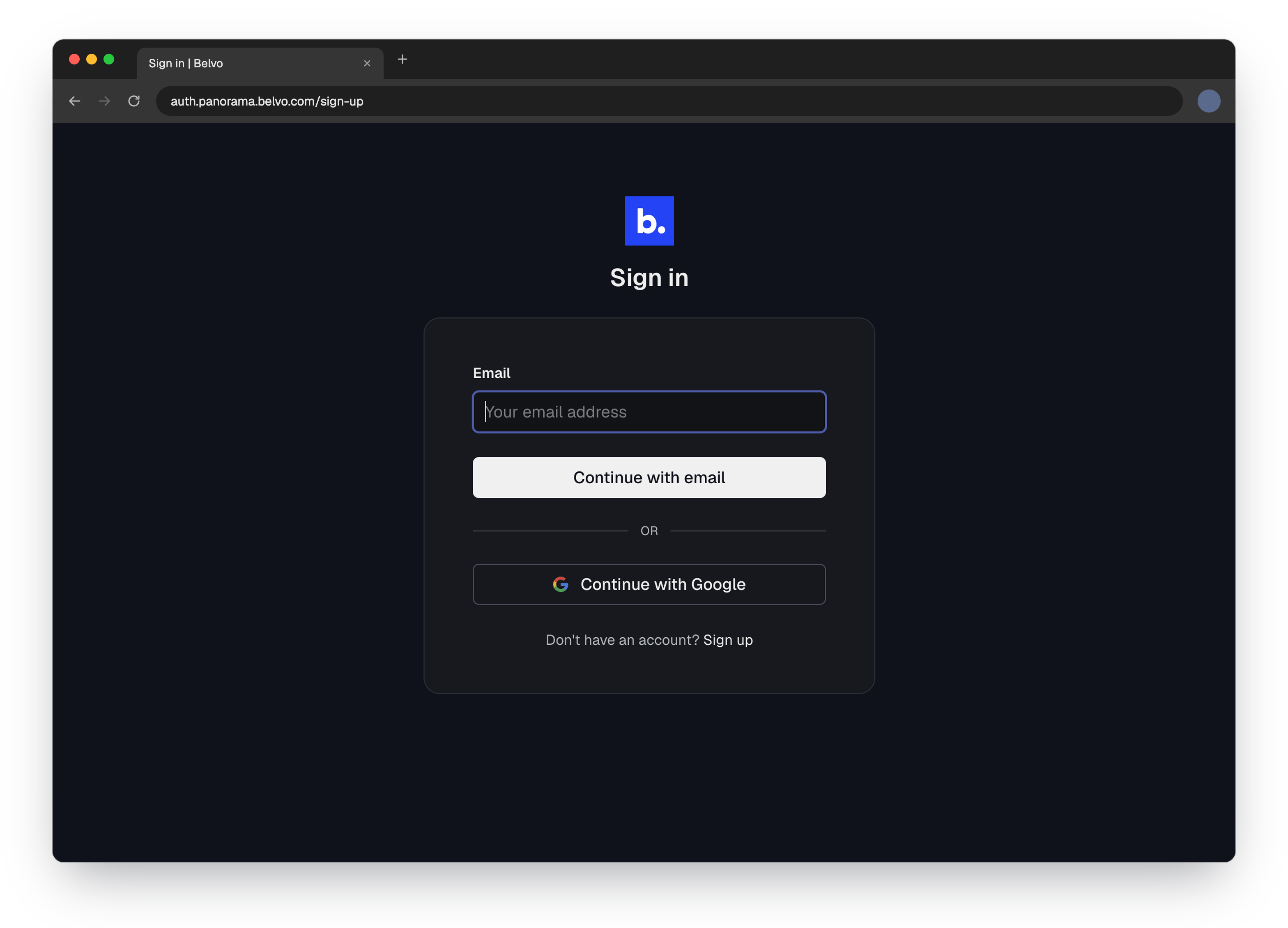 Pantalla de inicio de sesión de Belvo con opciones para continuar con correo electrónico o con Google