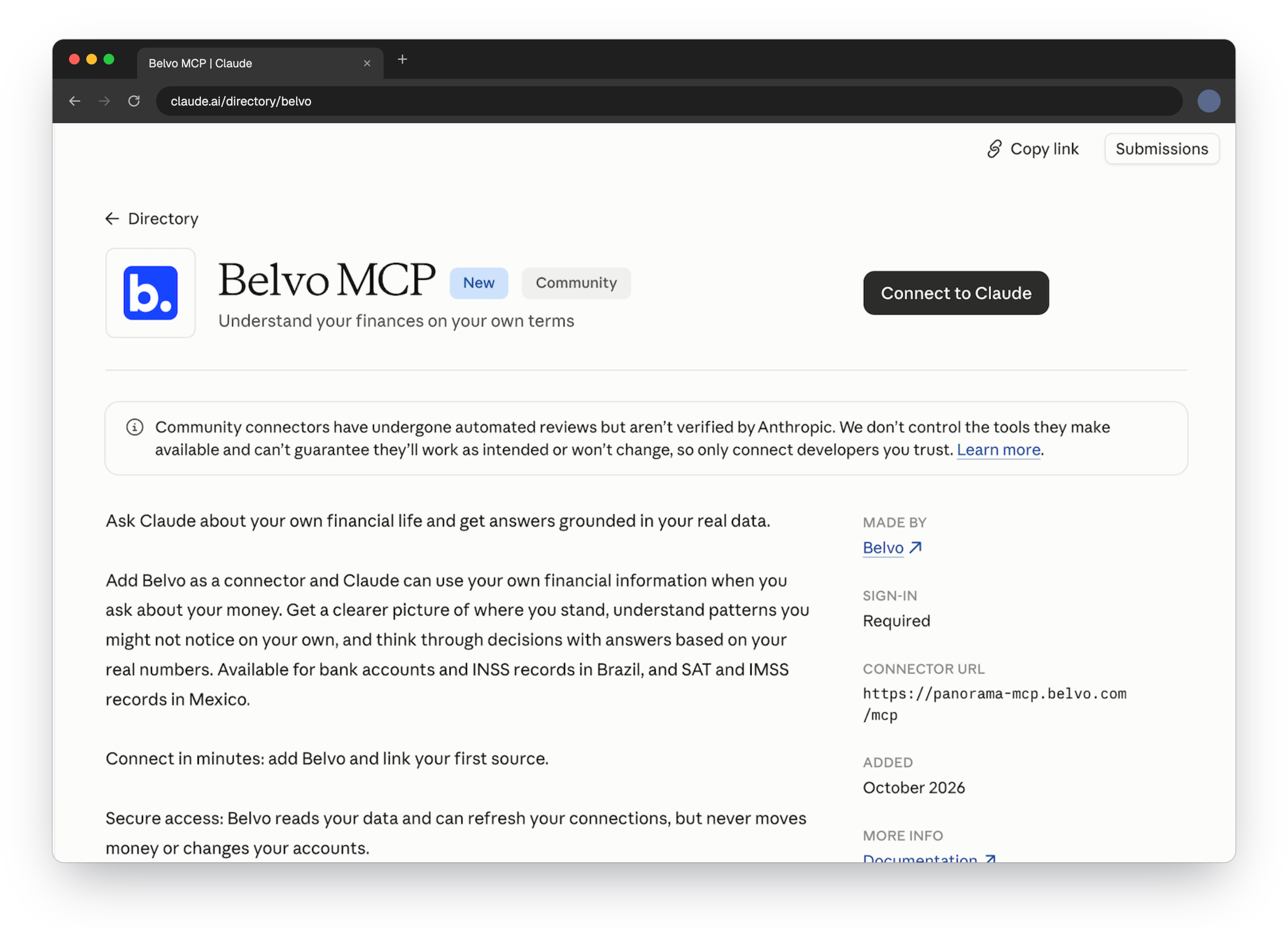 Ficha de Belvo MCP en el directorio de conectores de Claude, con el botón para conectar